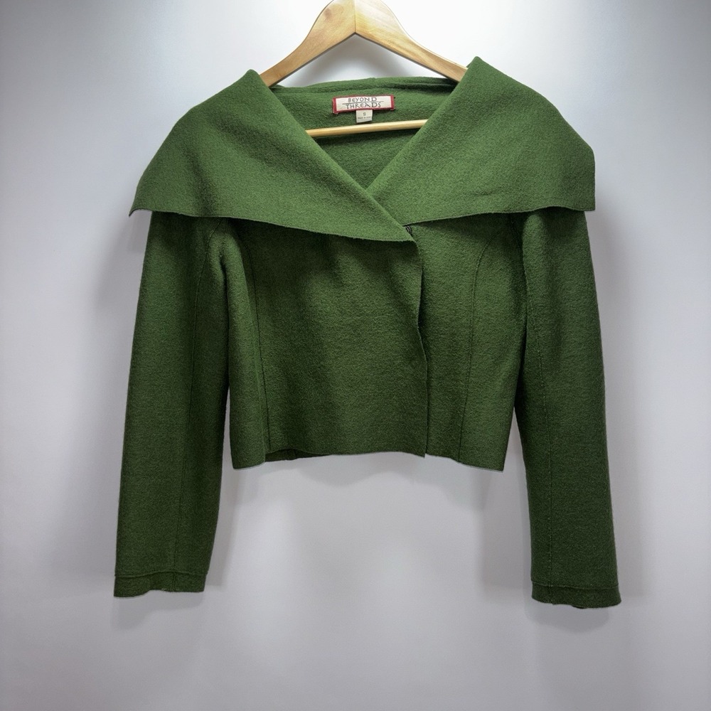 Beyond Threads Alpaca Wool Cropped Jacket Green Shawl Collar Peru Women's S
